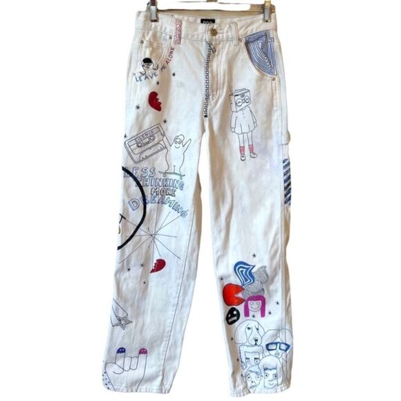 BDG Urban Outfitters High Rise Ivory Doodle Carpenter Jeans - Picture 1 of 16